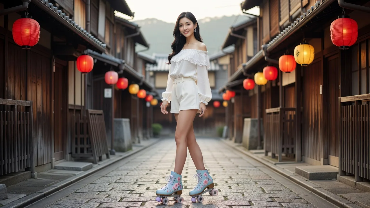 Asian model in pastel off-shoulder blouse and roller skates