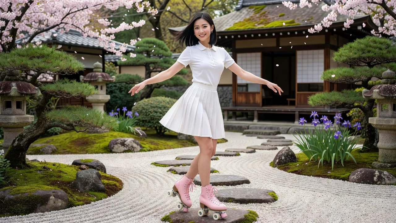 Kyoto Tennis Polo Set — woman wearing elegant tennis polo and skirt with skates