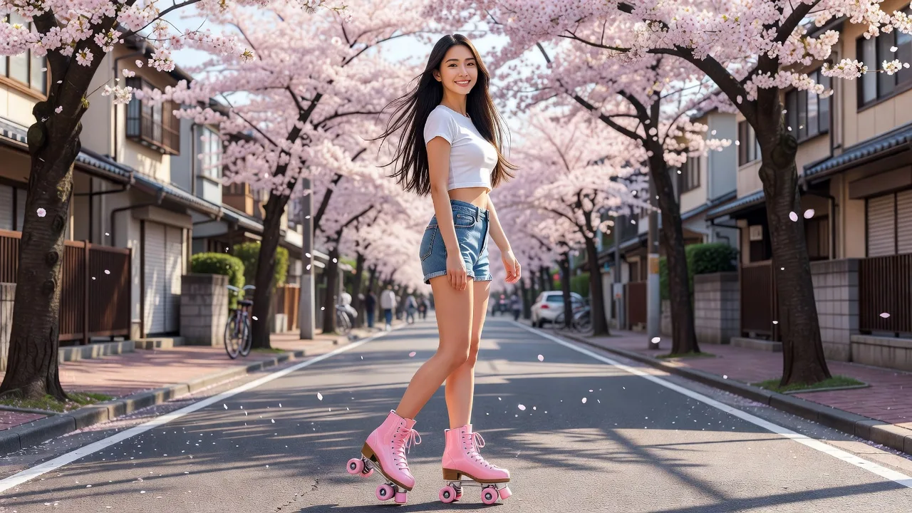 Midnight in Tokyo — woman in black Midnight Pro inline skates on a quiet Tokyo street at night with cherry blossoms