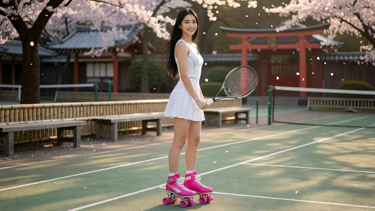 Hybrid Grace — woman in tennis skirt and pink quad skates on tennis court at golden hour