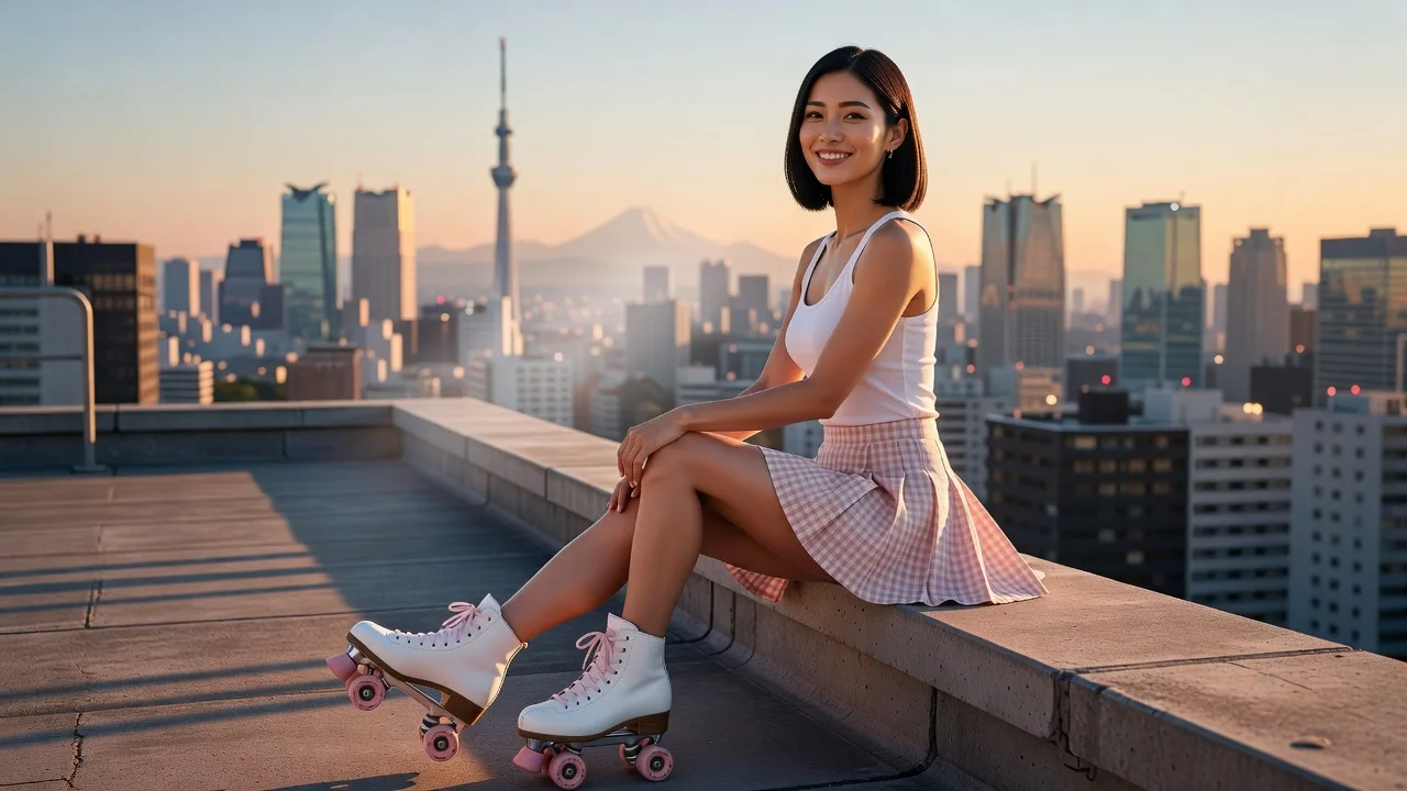 Elegant Japanese woman in pink and white quad roller skates on a Tokyo rooftop at sunset
