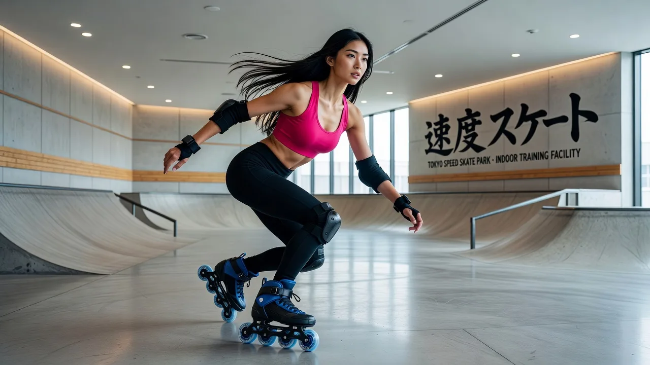 Stunning woman wearing professional inline speed skates at an indoor Tokyo skate park